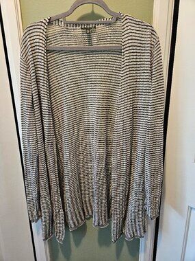 Eileen Fisher Simple Open Cardigan Sweater Black White Large L Linen Blend